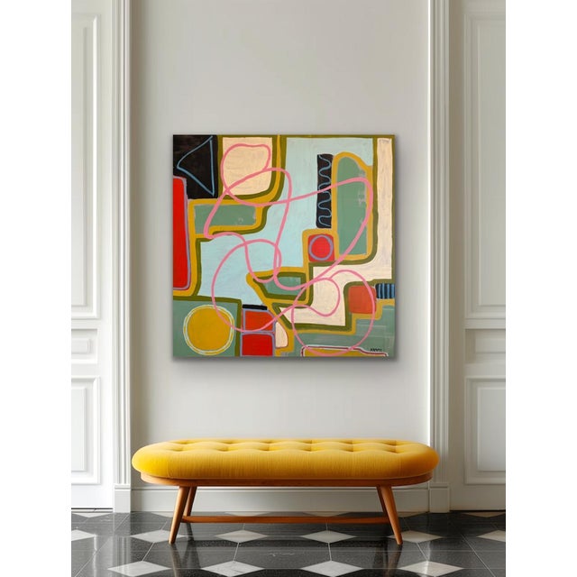 Large Contemporary Abstract Acrylic Painting – Pink Linear & Geometric Expressions For Sale - Image 4 of 11
