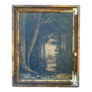 Antique Hand Painted Framed Oil on Canvas Forest Landscape , Late 19th Century