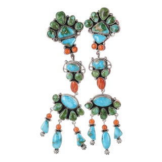 Carol Wylie Navajo Native American Sterling Multi-stone Chandelier earrings For Sale