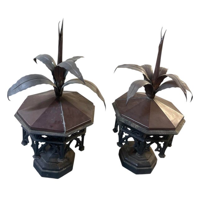 Pair of Vintage Neoclassical Cast Iron & Copper Architectural Finials With Wrought Botanical Agave Crests For Sale - Image 4 of 12
