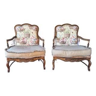 Late 20th Century Pair of Louis XV Floral Motif Upholstered Rush Seat Arm Chairs For Sale