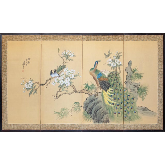 Circa 1970s Chinoiserie Style Painted Silk Screen "Peacock and Magnolia" For Sale - Image 18 of 18