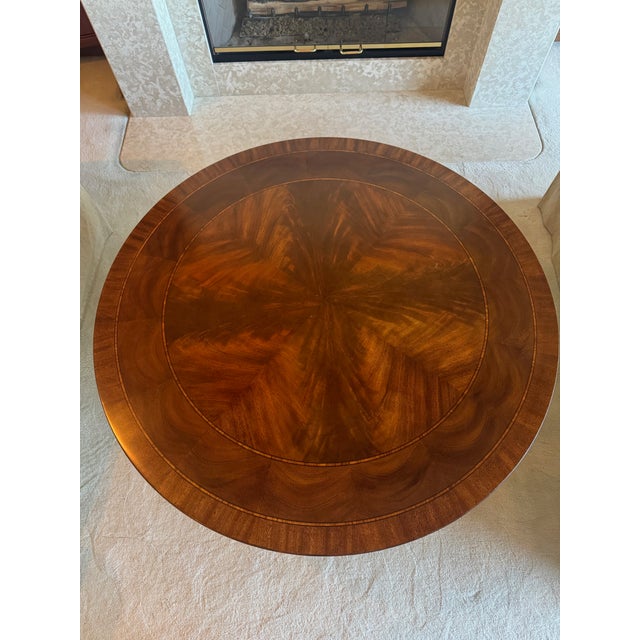 Traditional Late 20th Century Henkel Harris Model 5241 Mahogany Round Coffee Table With Inlaid Marquetry & Brass Paw Feet [Cb] For Sale - Image 3 of 5