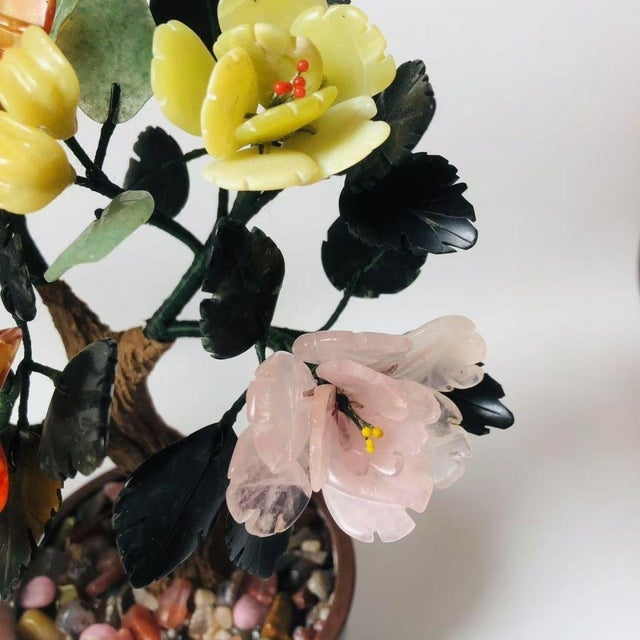 Metal Pair of Vintage Gemstone & Cloisonné Enamel Bonsai Trees – Jade, Agate & Crystal Flowers For Sale - Image 7 of 9