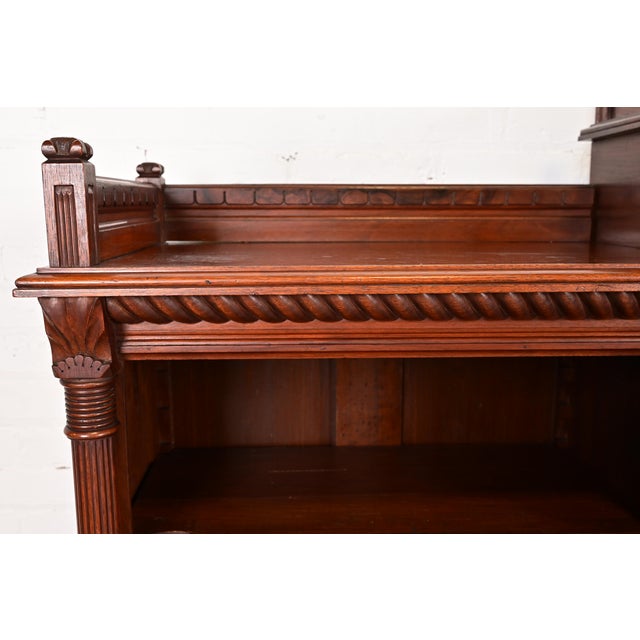 Wood Herter Brothers Style Antique Eastlake Victorian Carved Walnut and Burl Wood Triple Bookcase, Circa 1880s For Sale - Image 7 of 11