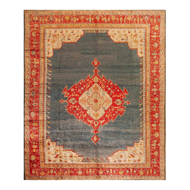 Refined Oushak Antique Turkish Angora Rug With Lovely Cross in the Center in Medallion Pattern For Sale