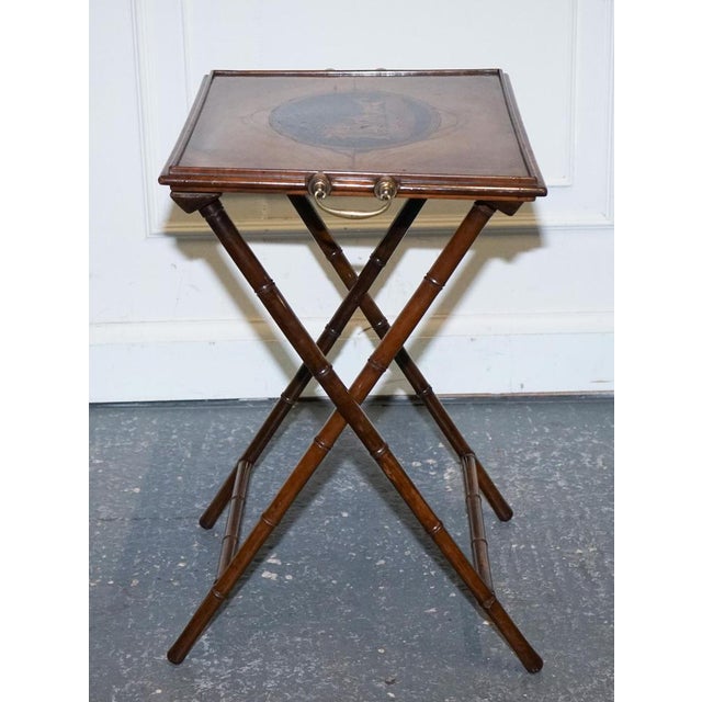 Victorian Double Sided Serving Tray on Bamboo Stand Brass Handles Marquetry Top For Sale - Image 10 of 18