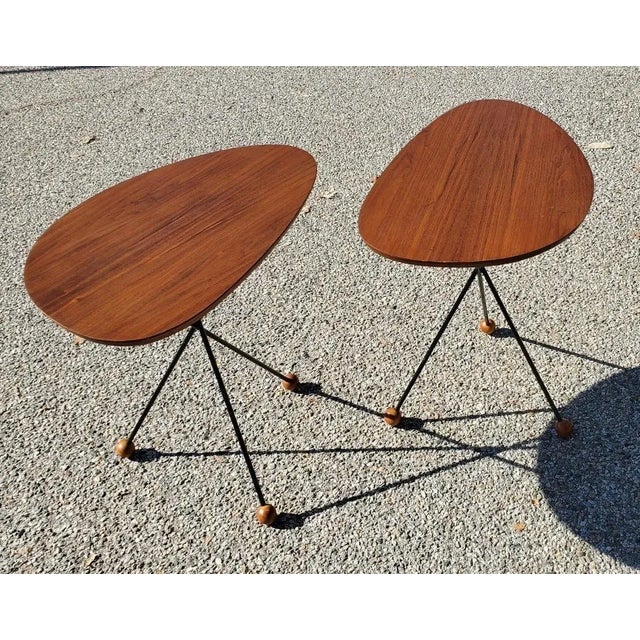 1950s Solid Walnut Side Tables Black Tripod Rod Iron Legs With Walnut Ball Feet - a Pair For Sale - Image 9 of 12