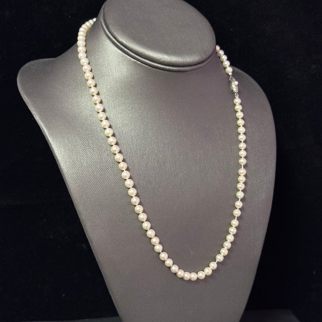 Metal 1990s Mikimoto Akoya Pearl Necklace 20" Sterling Silver 5 - 5.5 Mm Estate For Sale - Image 7 of 10