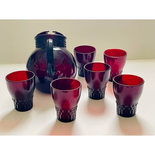 1940s Anchor Hocking “Royal Ruby” Pitcher & Juice Glasses - 7 Pieces For Sale - Image 10 of 12