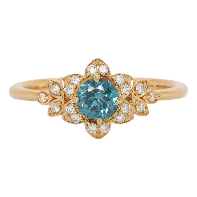 Natural Blue Diamond and White Diamond Ring in Solid 14k Yellow Gold, Size 6.75 For Sale