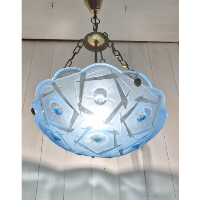 Metal Art Deco French Ceiling Lamp in Blue Glass with Brass Mounting, 1930s For Sale - Image 7 of 8