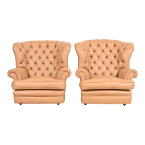 Vintage Tufted Leather Chesterfield Wingback Lounge Chairs, Pair