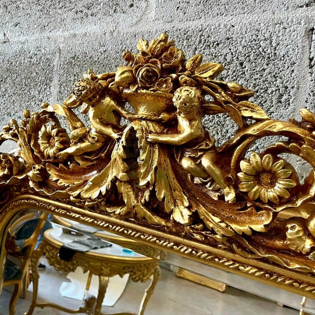 Ornate French Baroque Floor Mirror With Hand-Gilded Gold Leaf Frame & Cherub Details For Sale In Miami - Image 6 of 9