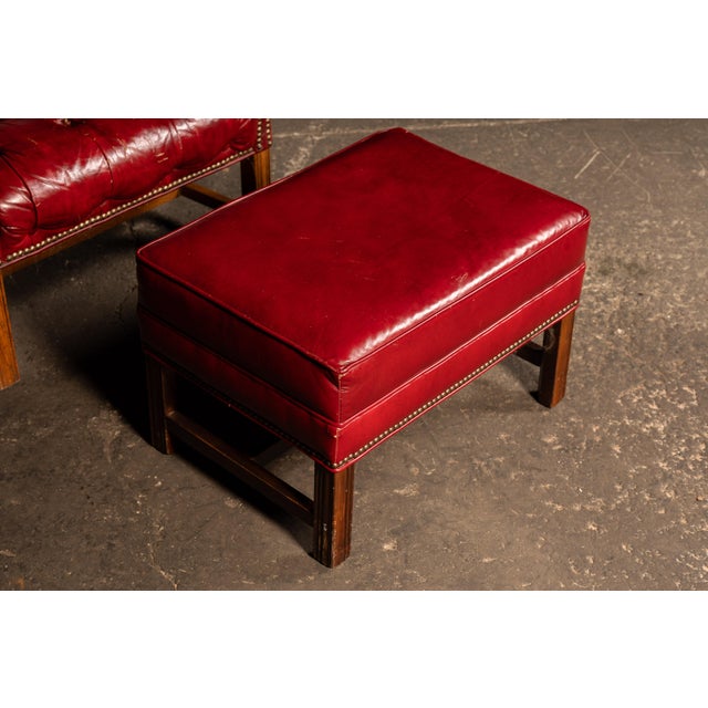 Vintage Leather Chesterfield Wingback Chair With Ottoman in Red by Ethan Allen For Sale In Chicago - Image 6 of 13