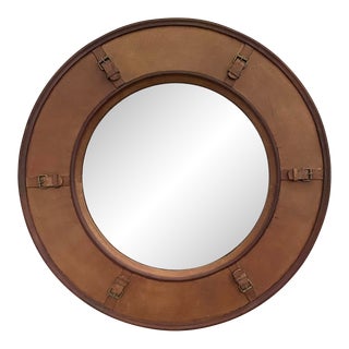 Hermes-Style Round Leather Mirror With Brass Buckles For Sale