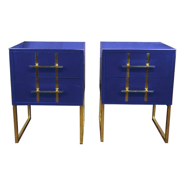 Pair of Blue Glass Bedside Tables Made in Italy Justfurnituress Designer For Sale