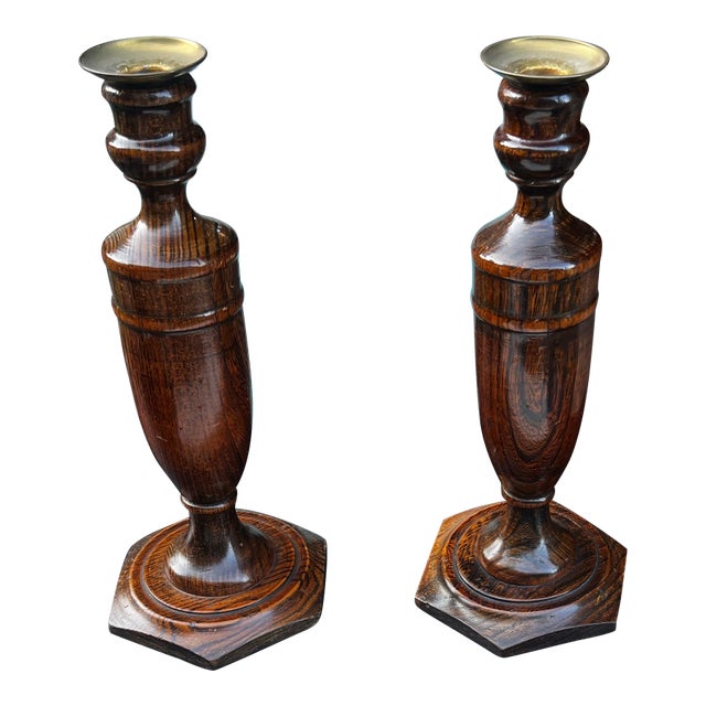 1970s Country Core Pair of Wooden Candleholders and Pink Candles For Sale
