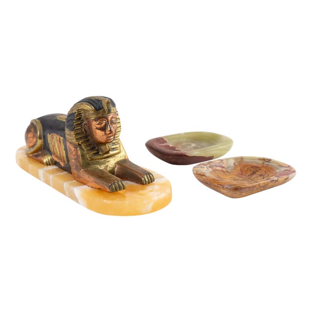 Vintage Egyptian Brass and Onyx Sphinx Figure Decor Set - 3 Pieces For Sale