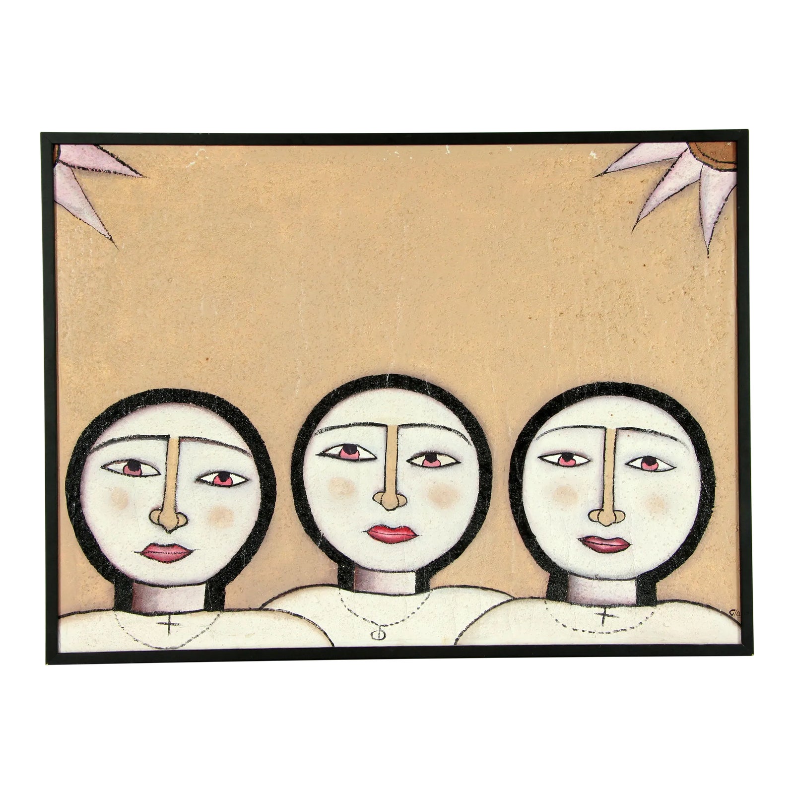 1980's Postmodern Acrylic on Board Painting of Faces