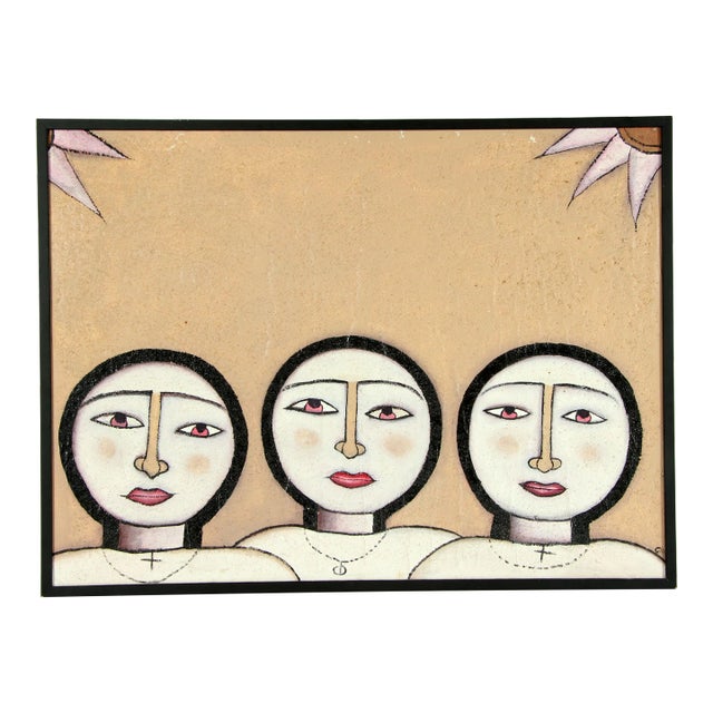 1980's Postmodern Acrylic on Board Painting of Faces For Sale
