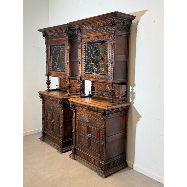 Antique Neo-Renaissance Oak Display Cabinets with Stained Glass, Set of 2 For Sale - Image 6 of 8