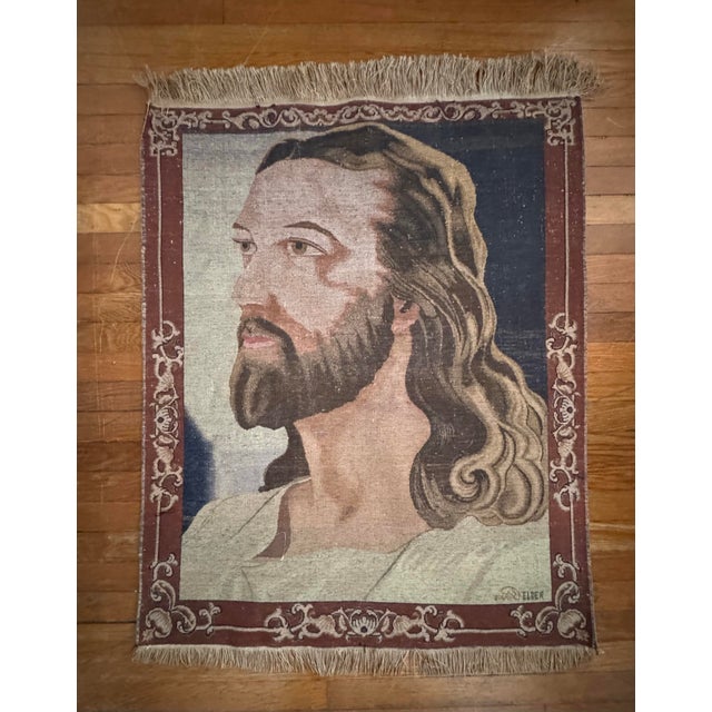 Glorious antique hand knotted carpet/tapestry depicting Jesus Signed