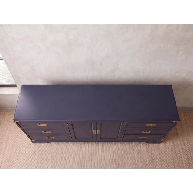 1970s 1970s Professionally Refinished Young Solid Oak Campaign Dresser Credenza, Navy Blue, Brass Hardware For Sale - Image 5 of 11