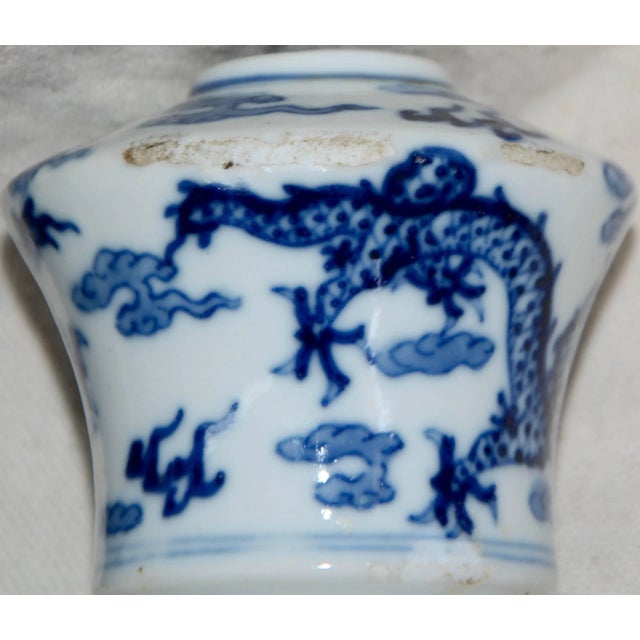 Chinese Blue and White Asian Ceramic Art Piece With Wooden Stand For Sale - Image 3 of 12