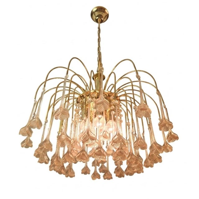 Vintage Gold Rain Chandelier with Handmade Murano Glass Pink Flowers, Italy, 1960 For Sale - Image 4 of 16