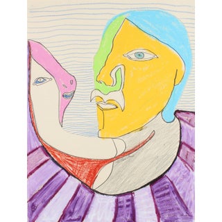 Surreal Faces Conversing Late 20th Century Pastel & Graphite For Sale