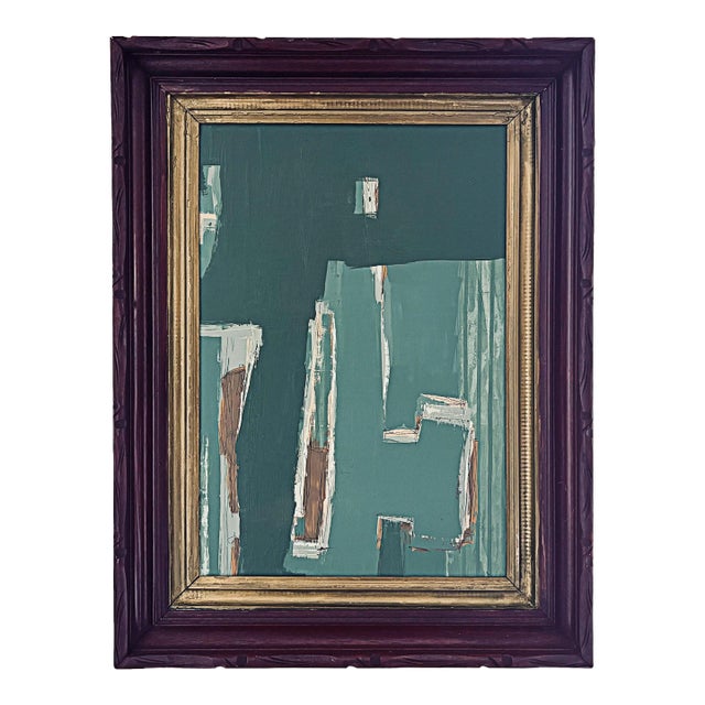 “Cabin Fern" Green Abstract Art in Antique Frame, Transitional Living Room Art by JTS For Sale