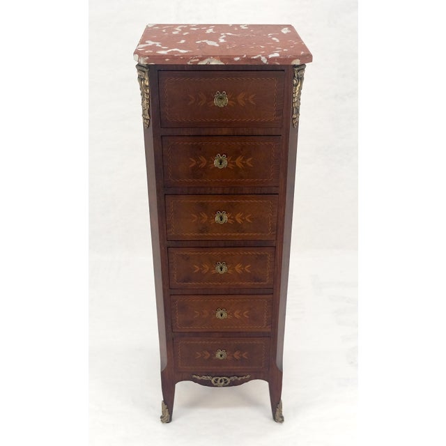 Inlaid Rouge Marble Top 6 Drawers w/ Dovetails French Louis XV Lingerie Chest Dresser CLEAN!