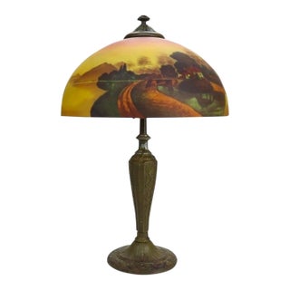 Arts & Crafts Phoenix Scenic Reverse Painted Table Lamp Signed a & R C1920 For Sale