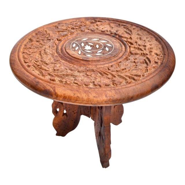 Mid 20th Century Hand-Carved & Inlaid Anglo-Indian Accent Table For Sale