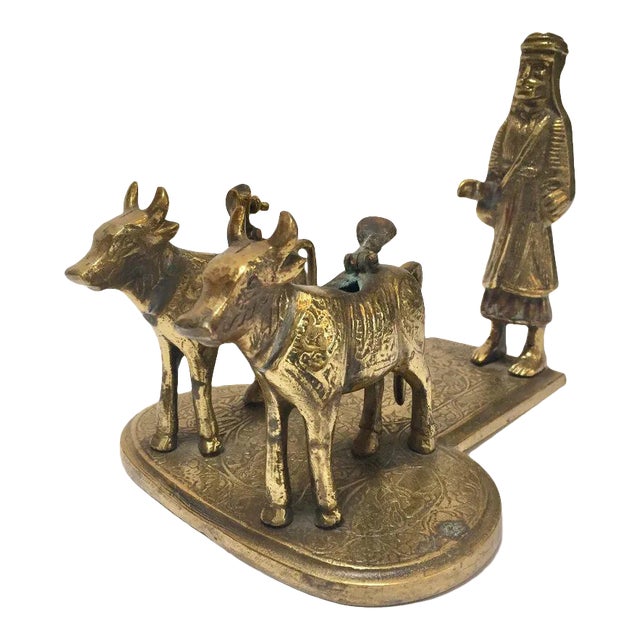 Brass Hindu Temple Oil Lamps Figures a Two Cows and Holly Man Standing For Sale