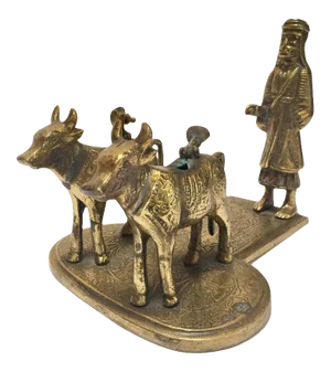 Brass Hindu Temple Oil Lamps Figures a Two Cows and Holly Man Standing