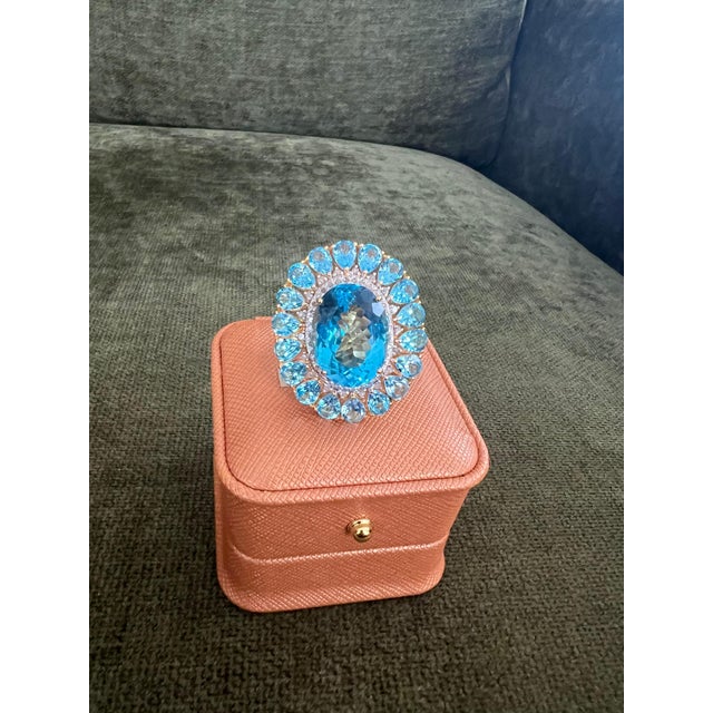 Gemstone Bochic "Capri" Vintage Diamond & Oval Shape Blue Topaz & Set In 18K Gold & Silver For Sale - Image 7 of 18