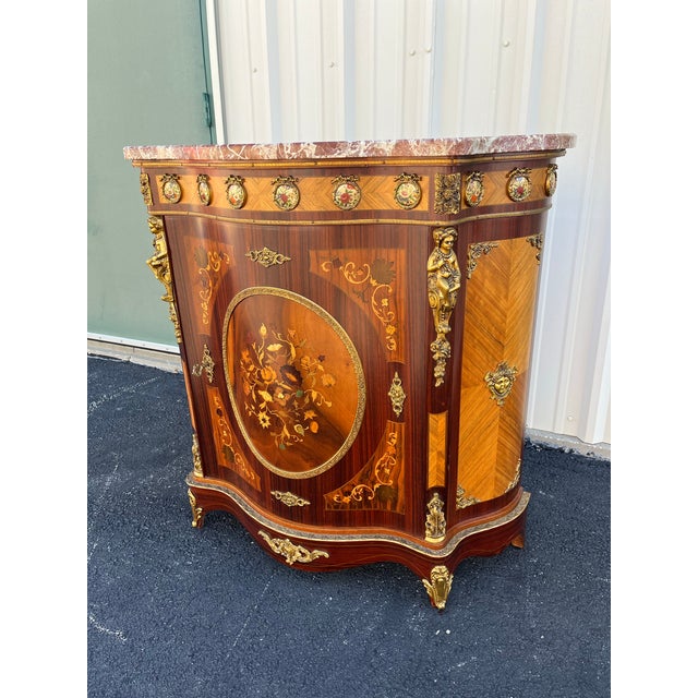 Louis XV Satinwood Marquetry Console Cabinet- Marble, Brass Ormolu, & Porcelain Medallions For Sale - Image 6 of 12