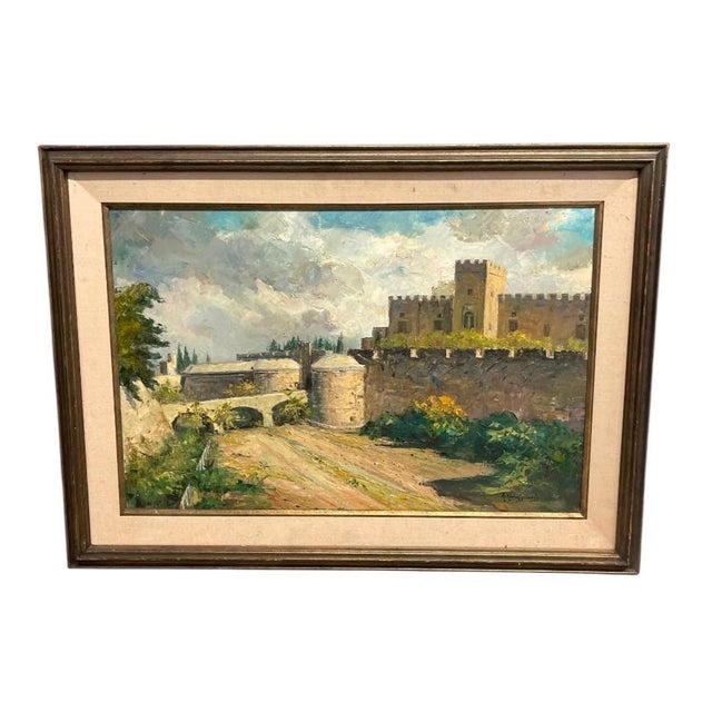 This striking original oil painting captures a grand, historic fortress set against a vast, expressive sky. Executed with...