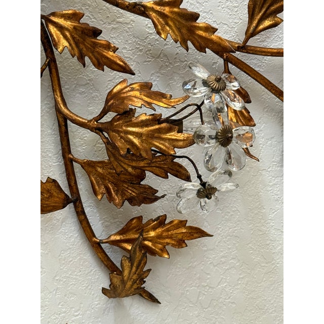 Metal 1960s Oversized Italian Hollywood Regency Gilt-Iron Wall Sconce With Crystal Blossoms For Sale - Image 7 of 7