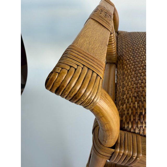 Vintage Coastal Woven Rattan and Bamboo Pagoda Style Bench/ Stool For Sale - Image 4 of 5