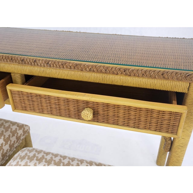 Mid Century Modern Wicker Glass Top Consoel Table w/ Pair of Matching Benches NICE! seat: 15" x 20" x 14.5"