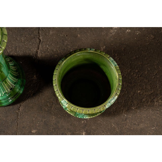 Onyx Early 20th Century Brush McCoy “Green Onyx” Majolica Pedestal & Planter Set For Sale - Image 8 of 8