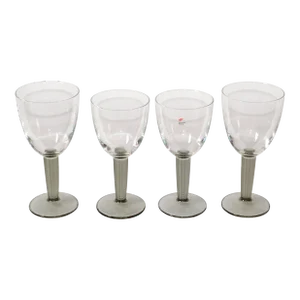 Set of 4 Italian Retro 1960s Smoked Grey Ribbed Stemmed Wine Water Glasses Barware