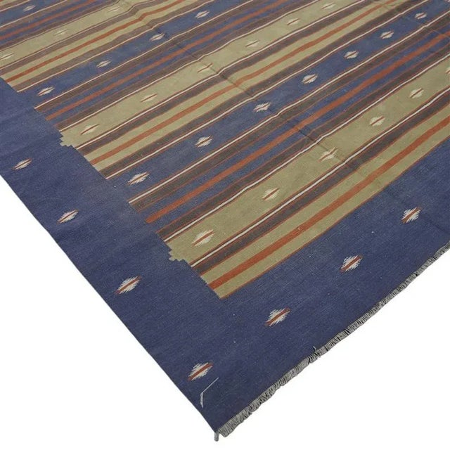 Traditional Oversized Vintage Dhurrie Rug in Blue With Stripes and Patterns | Rug & Kilim For Sale - Image 3 of 5