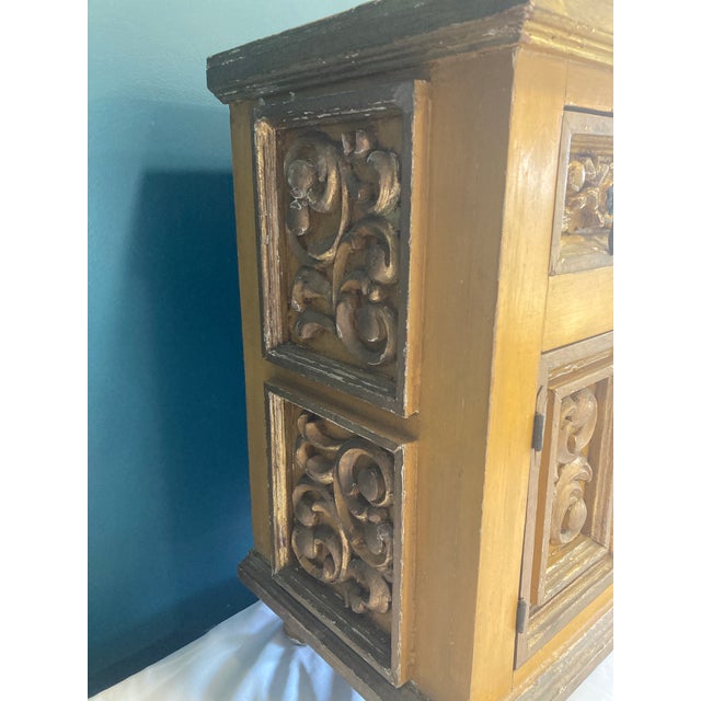 Wood Antique Hand Carved Yellow and Gold Small Cabinet For Sale - Image 7 of 12