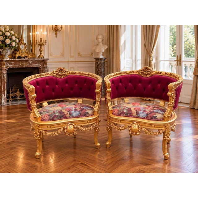 1970 French Artisan Louis XVI Gold Burgundy Sofa Set-3 Pc For Sale - Image 12 of 18