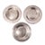 Set of three flat rim pewter plates. One plate is stamped "MDM" on the underside, one plate is stamped "JDM" on the...