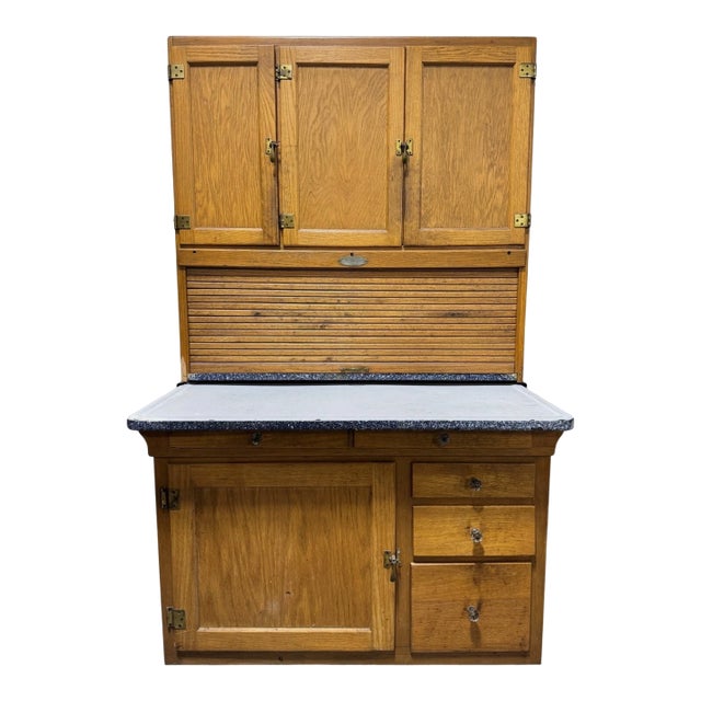 Antique Sellers Hoosier Cabinet C1920 Quarter Sawn Oak Tambour Enamel Counter For Sale